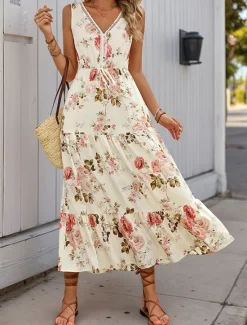 Outlet Women's Maxi Dress A Line Dress Floral Dress Stylish Casual Vacation Casual Daily Regular Fit Floral Short Sleeve V Neck Summer Spring Women Vacation Dresses
