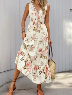 Outlet Women's Maxi Dress A Line Dress Floral Dress Stylish Casual Vacation Casual Daily Regular Fit Floral Short Sleeve V Neck Summer Spring Women Vacation Dresses