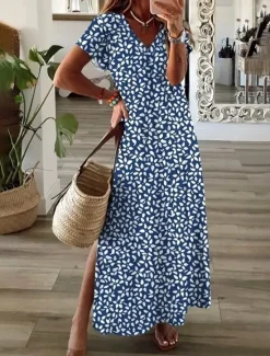 Clearance Women's Maxi Dress A Line Dress Summer Dress Elegant Vacation Casual Vacation Daily Regular Fit Floral Graphic Polka Dot Short Sleeve V Neck Summer Spring Fall Women Casual Dress