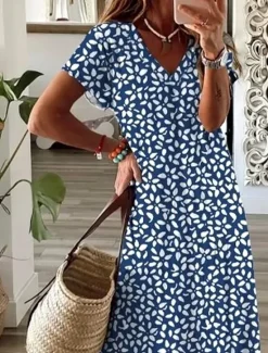 Clearance Women's Maxi Dress A Line Dress Summer Dress Elegant Vacation Casual Vacation Daily Regular Fit Floral Graphic Polka Dot Short Sleeve V Neck Summer Spring Fall Women Casual Dress