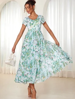 Online Women's Maxi Dress A Line Dress Elegant Flounce Sleeve Vacation Daily Regular Fit Floral Short Sleeve Crew Neck Summer Women Spring Dresses|Vacation Dresses