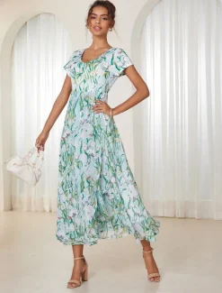 Online Women's Maxi Dress A Line Dress Elegant Flounce Sleeve Vacation Daily Regular Fit Floral Short Sleeve Crew Neck Summer Women Spring Dresses|Vacation Dresses