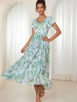 Online Women's Maxi Dress A Line Dress Elegant Flounce Sleeve Vacation Daily Regular Fit Floral Short Sleeve Crew Neck Summer Women Spring Dresses|Vacation Dresses