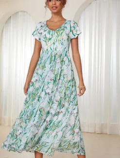 Online Women's Maxi Dress A Line Dress Elegant Flounce Sleeve Vacation Daily Regular Fit Floral Short Sleeve Crew Neck Summer Women Spring Dresses|Vacation Dresses