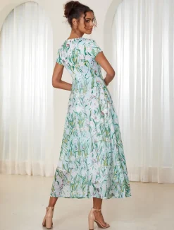 Online Women's Maxi Dress A Line Dress Elegant Flounce Sleeve Vacation Daily Regular Fit Floral Short Sleeve Crew Neck Summer Women Spring Dresses|Vacation Dresses