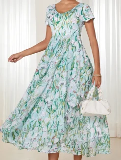Online Women's Maxi Dress A Line Dress Elegant Flounce Sleeve Vacation Daily Regular Fit Floral Short Sleeve Crew Neck Summer Women Spring Dresses|Vacation Dresses