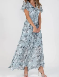 Clearance Women's Maxi Dress A Line Dress Vacation Casual Boho Outdoor Going out Standard Fit Floral Short Sleeve V Neck Light Blue Blue Fuchsia Green Summer Women Floral Dresses