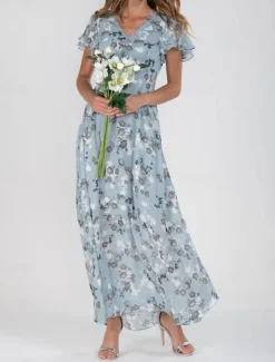 Clearance Women's Maxi Dress A Line Dress Vacation Casual Boho Outdoor Going out Standard Fit Floral Short Sleeve V Neck Light Blue Blue Fuchsia Green Summer Women Floral Dresses