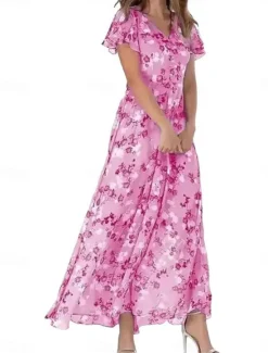 Clearance Women's Maxi Dress A Line Dress Vacation Casual Boho Outdoor Going out Standard Fit Floral Short Sleeve V Neck Light Blue Blue Fuchsia Green Summer Women Floral Dresses