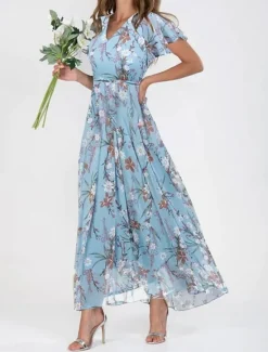 Clearance Women's Maxi Dress A Line Dress Vacation Casual Boho Outdoor Going out Standard Fit Floral Short Sleeve V Neck Light Blue Blue Fuchsia Green Summer Women Floral Dresses