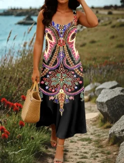 Sale Women's Maxi Dress A Line Dress Summer Dress Off The Shoulder Dress Vacation Casual Party Date Regular Fit Floral Graphic Tribal Sleeveless Square Neck Pink Purple Green Summer Spring Women Sundresses
