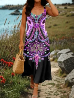 Sale Women's Maxi Dress A Line Dress Summer Dress Off The Shoulder Dress Vacation Casual Party Date Regular Fit Floral Graphic Tribal Sleeveless Square Neck Pink Purple Green Summer Spring Women Sundresses