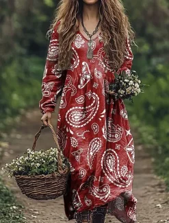 Outlet Women's Maxi Dress A Line Dress Vacation Casual Boho Going out Beach Loose Fit Floral Graphic Paisley Long Sleeve V Neck Red Blue Green Gray Summer Spring Women Vacation Dresses|Floral Dresses