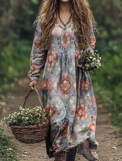 Outlet Women's Maxi Dress A Line Dress Vacation Casual Boho Going out Beach Loose Fit Floral Graphic Paisley Long Sleeve V Neck Red Blue Green Gray Summer Spring Women Vacation Dresses|Floral Dresses