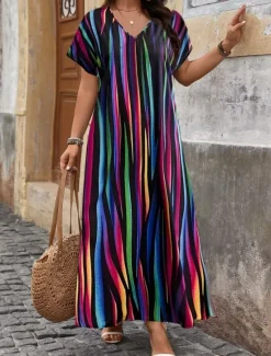 Discount Women's Maxi Dress A Line Dress Casual Outdoor Beach Loose Fit Stripe Short Sleeve V Neck Pink Red Blue Purple Summer Spring Women Vacation Dresses|Floral Dresses