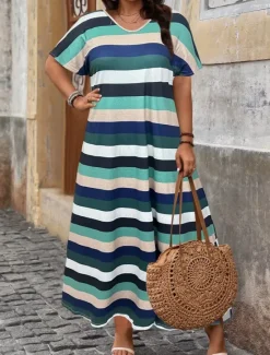 Discount Women's Maxi Dress A Line Dress Casual Outdoor Beach Loose Fit Stripe Short Sleeve V Neck Pink Red Blue Purple Summer Spring Women Vacation Dresses|Floral Dresses