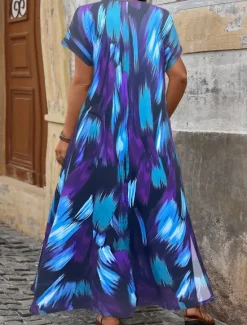 Discount Women's Maxi Dress A Line Dress Casual Outdoor Beach Loose Fit Stripe Short Sleeve V Neck Pink Red Blue Purple Summer Spring Women Vacation Dresses|Floral Dresses
