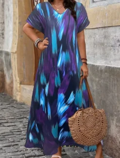 Discount Women's Maxi Dress A Line Dress Casual Outdoor Beach Loose Fit Stripe Short Sleeve V Neck Pink Red Blue Purple Summer Spring Women Vacation Dresses|Floral Dresses