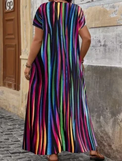 Discount Women's Maxi Dress A Line Dress Casual Outdoor Beach Loose Fit Stripe Short Sleeve V Neck Pink Red Blue Purple Summer Spring Women Vacation Dresses|Floral Dresses