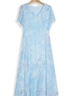 New Women's Maxi Dress A Line Dress Elegant Daily Date Regular Fit Floral V Neck Summer Women Chiffon Dresses