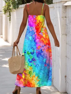 New Women's Maxi Dress A Line Dress Summer Dress Slip Dress Vacation Casual Daily Regular Fit Ombre Graphic Butterfly Sleeveless V Neck Summer Spring Women Casual Dress