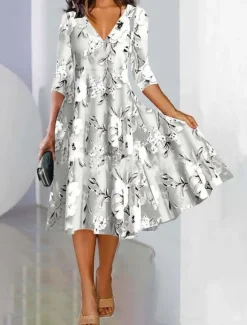 Discount Women's Maxi Dress A Line Dress Semi Formal Office Regular Fit Floral 3/4 Length Sleeve V Neck Black Blue Purple Green Spring Fall Women Work Dresses