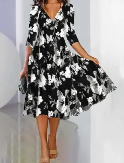 Discount Women's Maxi Dress A Line Dress Semi Formal Office Regular Fit Floral 3/4 Length Sleeve V Neck Black Blue Purple Green Spring Fall Women Work Dresses