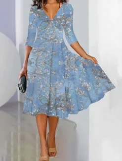 Discount Women's Maxi Dress A Line Dress Semi Formal Office Regular Fit Floral 3/4 Length Sleeve V Neck Black Blue Purple Green Spring Fall Women Work Dresses