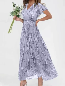 Clearance Women's Maxi Dress A Line Dress Vacation Casual Boho Outdoor Going out Regular Fit Floral Short Sleeve V Neck Purple Fuchsia Orange Gray Summer Women Vacation Dresses