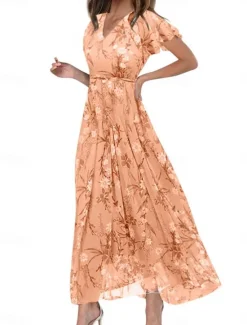 Clearance Women's Maxi Dress A Line Dress Vacation Casual Boho Outdoor Going out Regular Fit Floral Short Sleeve V Neck Purple Fuchsia Orange Gray Summer Women Vacation Dresses