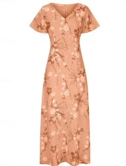 Clearance Women's Maxi Dress A Line Dress Vacation Casual Boho Outdoor Going out Regular Fit Floral Short Sleeve V Neck Purple Fuchsia Orange Gray Summer Women Vacation Dresses