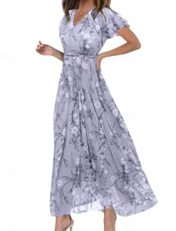 Clearance Women's Maxi Dress A Line Dress Vacation Casual Boho Outdoor Going out Regular Fit Floral Short Sleeve V Neck Purple Fuchsia Orange Gray Summer Women Vacation Dresses