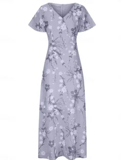Clearance Women's Maxi Dress A Line Dress Vacation Casual Boho Outdoor Going out Regular Fit Floral Short Sleeve V Neck Purple Fuchsia Orange Gray Summer Women Vacation Dresses
