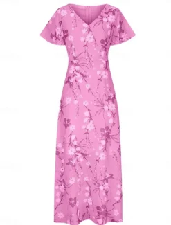 Clearance Women's Maxi Dress A Line Dress Vacation Casual Boho Outdoor Going out Regular Fit Floral Short Sleeve V Neck Purple Fuchsia Orange Gray Summer Women Vacation Dresses