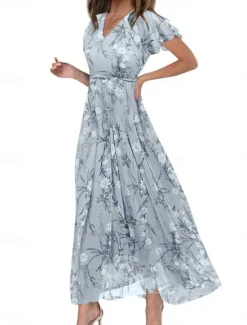 Clearance Women's Maxi Dress A Line Dress Vacation Casual Boho Outdoor Going out Regular Fit Floral Short Sleeve V Neck Purple Fuchsia Orange Gray Summer Women Vacation Dresses