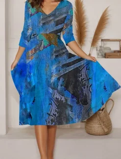 Clearance Women's Maxi Dress A Line Dress Summer Dress Vacation Casual Daily Regular Fit Graphic Abstract Long Sleeve V Neck Blue Purple Orange Summer Women Casual Dress