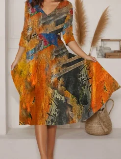 Clearance Women's Maxi Dress A Line Dress Summer Dress Vacation Casual Daily Regular Fit Graphic Abstract Long Sleeve V Neck Blue Purple Orange Summer Women Casual Dress