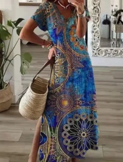 Hot Women's Maxi Dress A Line Dress Summer Dress Casual Daily Regular Fit Floral Graphic Short Sleeve V Neck Navy Blue Orange Green Summer Women Vacation Dresses|Casual Dress