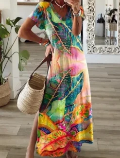 Hot Women's Maxi Dress A Line Dress Summer Dress Casual Daily Regular Fit Floral Graphic Short Sleeve V Neck Navy Blue Orange Green Summer Women Vacation Dresses|Casual Dress
