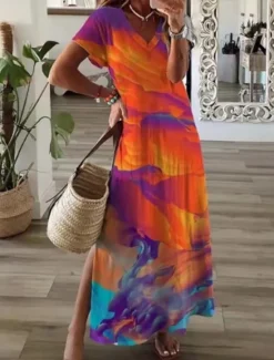 Hot Women's Maxi Dress A Line Dress Summer Dress Casual Daily Regular Fit Floral Graphic Short Sleeve V Neck Navy Blue Orange Green Summer Women Vacation Dresses|Casual Dress