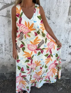 New Women's Maxi Dress A Line Dress Slip Dress Vacation Casual Boho Outdoor Going out Regular Fit Floral Sleeveless V Neck Blue Apricot Beige Summer Women Sundresses
