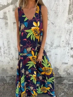 New Women's Maxi Dress A Line Dress Slip Dress Vacation Casual Boho Outdoor Going out Regular Fit Floral Sleeveless V Neck Blue Apricot Beige Summer Women Sundresses