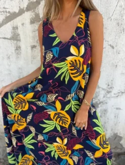 New Women's Maxi Dress A Line Dress Slip Dress Vacation Casual Boho Outdoor Going out Regular Fit Floral Sleeveless V Neck Blue Apricot Beige Summer Women Sundresses