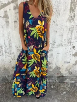 New Women's Maxi Dress A Line Dress Slip Dress Vacation Casual Boho Outdoor Going out Regular Fit Floral Sleeveless V Neck Blue Apricot Beige Summer Women Sundresses