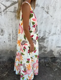 New Women's Maxi Dress A Line Dress Slip Dress Vacation Casual Boho Outdoor Going out Regular Fit Floral Sleeveless V Neck Blue Apricot Beige Summer Women Sundresses