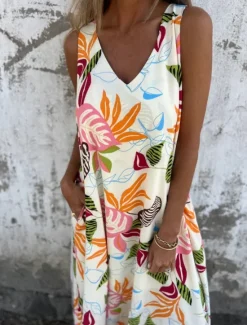 New Women's Maxi Dress A Line Dress Slip Dress Vacation Casual Boho Outdoor Going out Regular Fit Floral Sleeveless V Neck Blue Apricot Beige Summer Women Sundresses