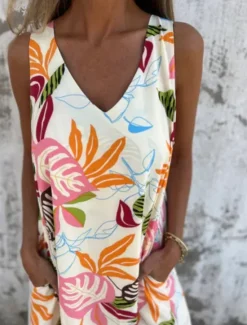 New Women's Maxi Dress A Line Dress Slip Dress Vacation Casual Boho Outdoor Going out Regular Fit Floral Sleeveless V Neck Blue Apricot Beige Summer Women Sundresses