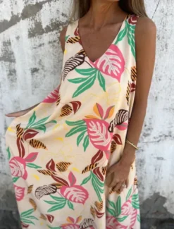 New Women's Maxi Dress A Line Dress Slip Dress Vacation Casual Boho Outdoor Going out Regular Fit Floral Sleeveless V Neck Blue Apricot Beige Summer Women Sundresses