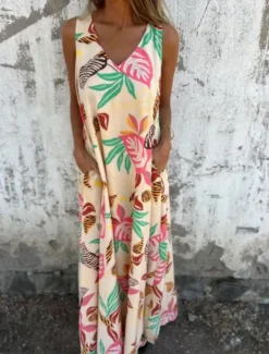 New Women's Maxi Dress A Line Dress Slip Dress Vacation Casual Boho Outdoor Going out Regular Fit Floral Sleeveless V Neck Blue Apricot Beige Summer Women Sundresses