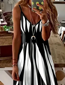 Sale Women's Maxi Dress A Line Dress Summer Dress Slip Dress Elegant Vacation Casual Beach Regular Fit Graphic Geometric Stripe Sleeveless V Neck Summer Women Vacation Dresses